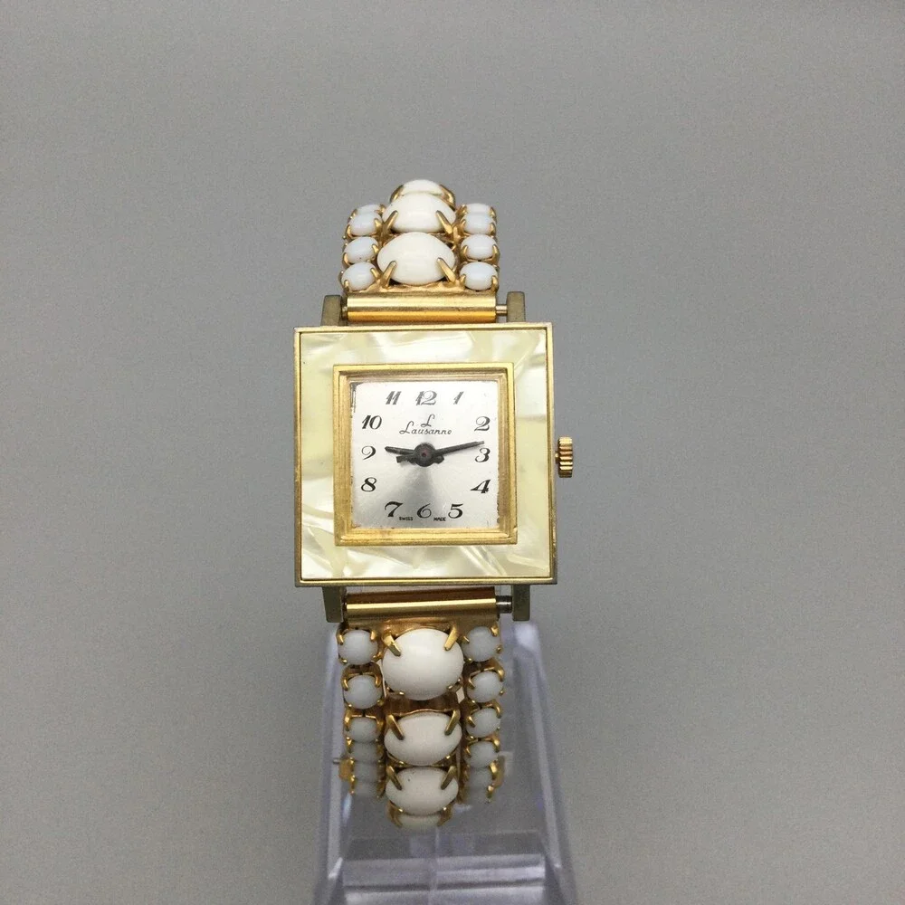 Vintage Lausanne Womens Watch 26mm Gold Tone MOP Dial Cabochon Manual Wind
